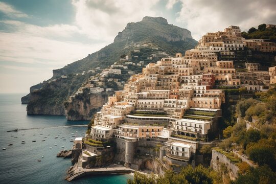A beautiful view of Positano village nestled in the mountains on the Amalfi Coast of Italy with a stunning coastal panorama. Top travel destination in Europe for beach and sea lovers. Generative AI