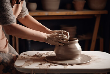 Hobby making of clay vessels in a traditional way by a potter. Generative ai