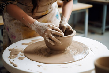 Fototapeta na wymiar Hobby making of clay vessels in a traditional way by a potter. Generative ai