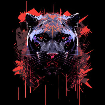 Panther head with red eyes on black and red splash background. Generative AI