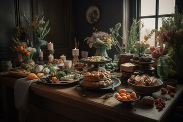 Fototapeta na wymiar Stunning Easter feast table. Generative AI