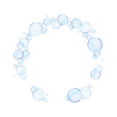 Watercolor drawn round frame from different size blue air bubbles on white background. Transparent realistic picture for illustration, stickers, logo, textile printing