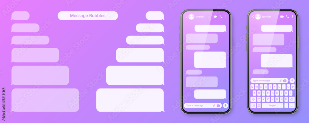 Wall mural realistic smartphone with messaging app on colorful violet background. blank sms text frame. chat sc