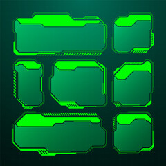 Green futuristic HUD, UI elements. Sci-fi user interface text boxes, callouts. Warning message frames, information boxes template. Modern game interface layout in digital style. Vector illustration