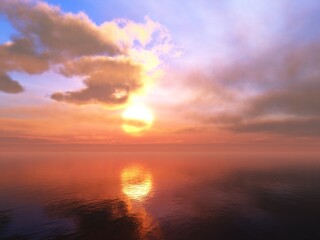 Naklejka na ściany i meble Beautiful sunset among the clouds over the water, sea sunset, 3d rendering