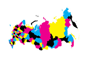 Russia political map of administrative divisions - oblasts, republics, autonomous okrugs, krais, autonomous oblast and 2 federal cities of Moscow and Saint Petersburg. Blank vector map in CMYK colors.