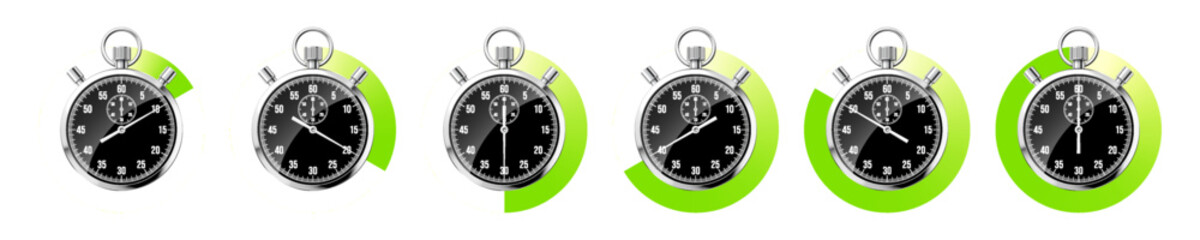 Realistic classic stopwatch. Shiny metal chronometer, black time counter with dial. Green countdown timer showing minutes, seconds. Time measurement for sport, start and finish. Vector illustration