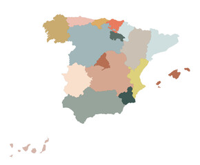 Spain maps with administrations regions, , multicolor map of Spain. Vector 