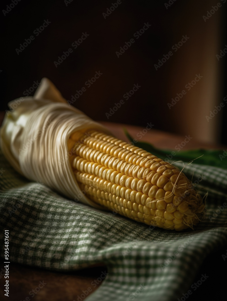 Poster corn on the cob on a table. generative ai