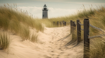 Path leading to a lighthouse in the sand dunes. Generative AI