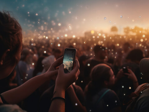 Woman taking a picture of a crowd at a concert. Generative AI
