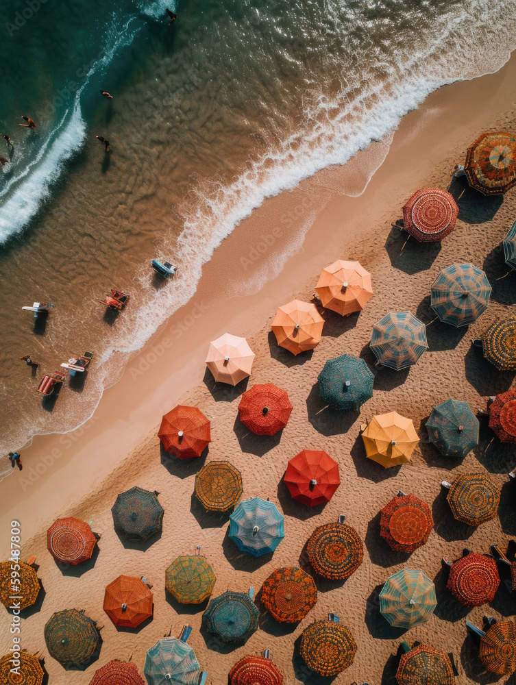 Poster aerial view of many colorful umbrellas on a beach. generative ai