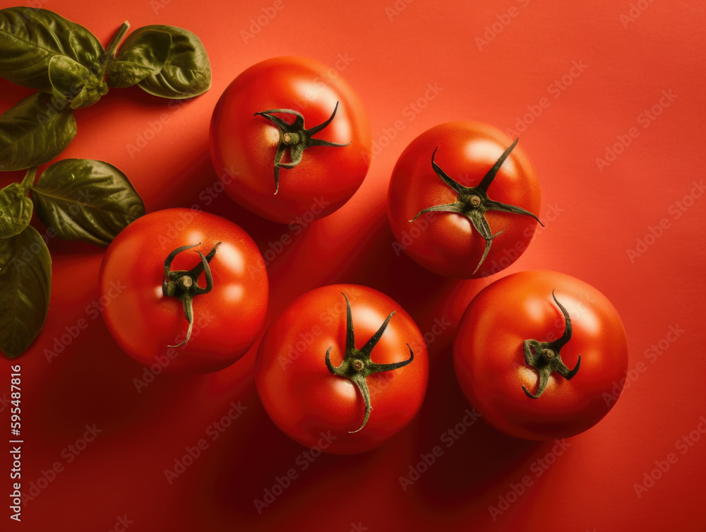 Poster four tomatoes on a red background with basil leaves. generative ai