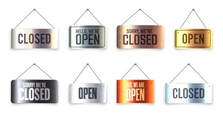 Brushed metal Open and Closed hanging signboards. Vintage door sign for cafe, restaurant, bar or retail store. Announcement banner, information signage for business or service. Vector illustration
