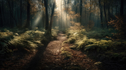 Obraz premium Path through a forest with sunlight shining through the leaves. Generative AI