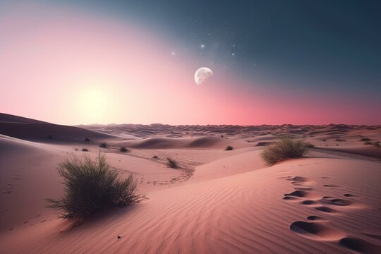 Serene desert landscape with pink gradient starry sky and sand dunes. Modern background. Generative AI