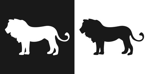 Lion. A set of isolated icons, a black-and-white logo on a white-and-black background
