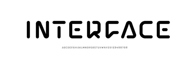 Technical font, digital rounded alphabet, trendy uppercase Latin letters from A to Z and Arab numbers from 0 to 9 for you ui ux designs, vector illustration 10EPS