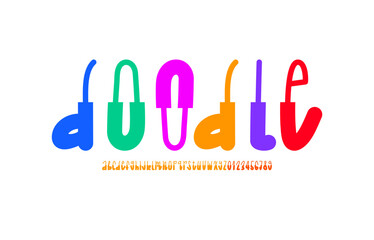 Hand drawn playful bright font, alphabet in the kids style, fun rounded thin thick multi-colored letters and numbers in doodle style, vector illustration 10EPS
