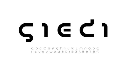 Technology science font, digital cyber alphabet made futurism style, Latin letters A-Z and Arab numerals 0-9 space style