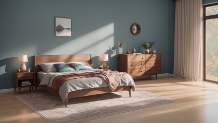 A Striking Bedroom With A Wooden Bed And A Blue Wall AI Generative