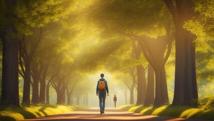 A Dreamy Image Of A Man Walking Down A Path In The Woods AI Generative