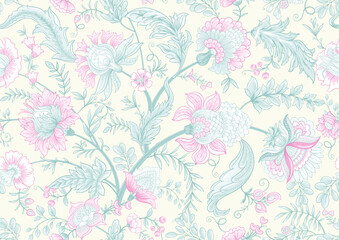 Fantasy flowers in retro, vintage, jacobean embroidery style. Seamless pattern, background. Vector illustration. © Elen  Lane
