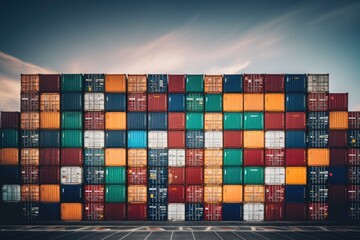 Rows of shipping containers in different colors - Generative AI - obrazy, fototapety, plakaty