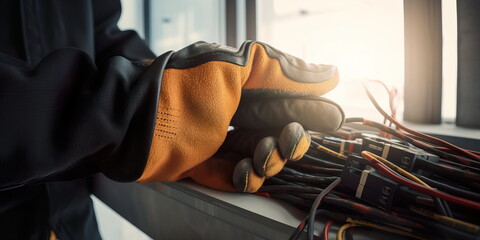 electrician wearing insulated gloves and using a voltage meter to safely work with live wires Generative AI