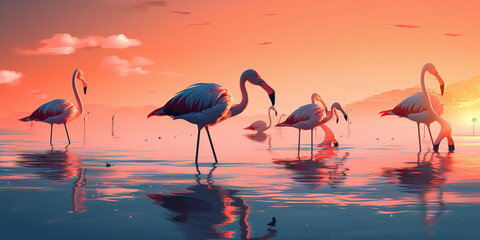 Obraz premium group of flamingos wading in shallow water, with a sunset in the background. Generative AI