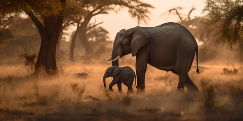 mother and baby elephant walking in a savannah, with a sunrise and acacia trees in the background. Generative AI