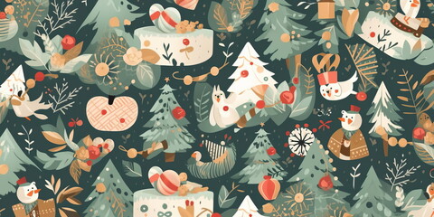 holiday-inspired design, featuring traditional elements such as Christmas trees, presents, and ornaments. Generative AI