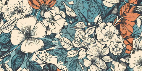 seamless pattern featuring hand-drawn illustrations of flowers and foliage. Generative AI
