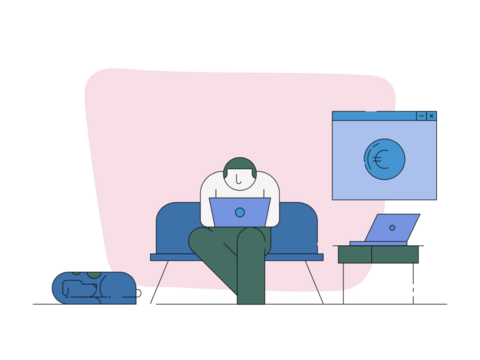 illustrated person with laptop doing trading, hard work, hustle, goal, euros, dollars, bitcoin, Ethereum 