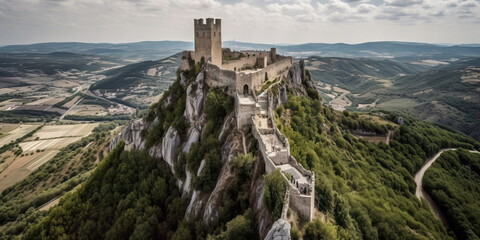 stunning aerial view of a historic castle or fortress, perched atop a rugged cliff and surrounded by stunning vistas Generative AI
