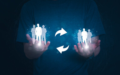 Businessman showing clients on holographic global network structure and the exchange of information, the concept of connecting information around the world with technology internet, digital marketing