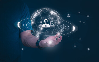 Businessman showing clients on holographic global network structure and the exchange of information, the concept of connecting information around the world with technology internet, digital marketing