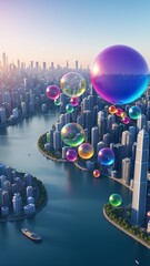 A Remarkable View Of A City With A Lot Of Bubbles Floating In The Air AI Generative