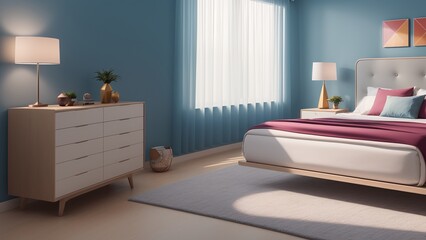 A Stunning Bedroom With A Bed, Dresser, And A Window AI Generative