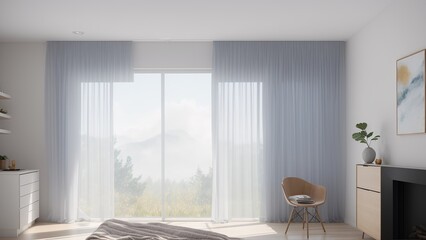 A Stunning Bedroom With A Large Window And A Chair In Front Of It AI Generative