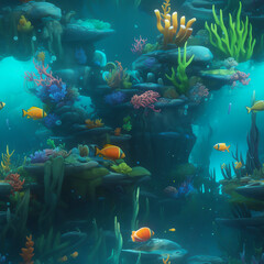 Naklejka na ściany i meble Underwater seamless background texture. Ocean coral reef underwater seamless background. 