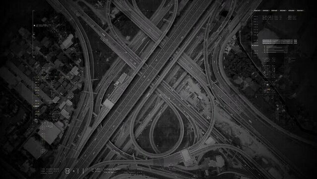 Futuristic HUD satellite view of traffic surveillance on a busy expressway junctions tracking and monitoring highway traffic for possible target vehicle