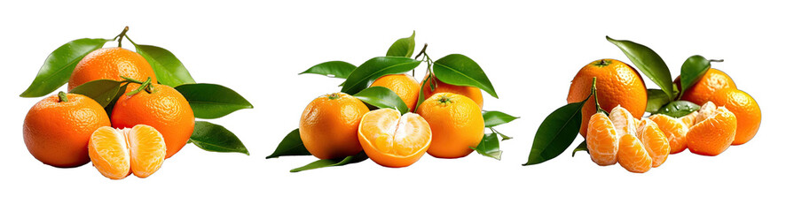 Set of mandarin oranges with leaves on transparent background