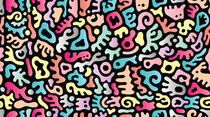 Continuous Seamless Colorful Abstract Gummy Shaped Doodle Pattern in Soft Pastel Tones, Black Background