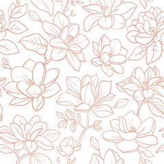 Seamless vector vintage floral pattern magnolia branches with flowers and leaves - 595494013