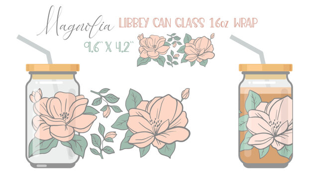 Printable Full wrap for libby class can. Floral pattern with magnolia flowers