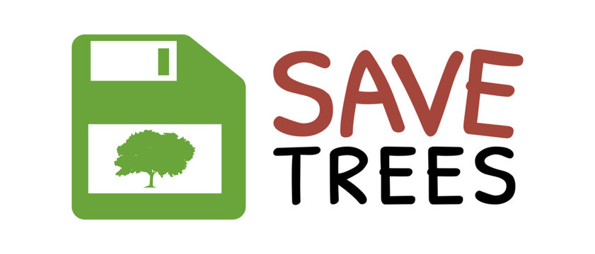 Save Trees Text with Green Diskette Icon on Landscape White Background