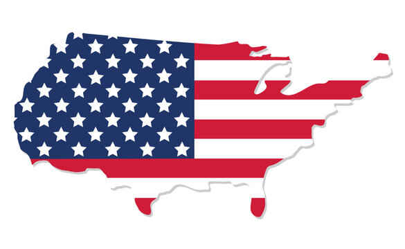 Map of the USA with the national flag of United States of America isolated on white background. Vector illustration.