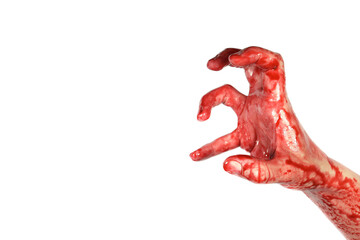 bloody hand isolated on a white, concept of murder, violence, halloween. copy space for text - obrazy, fototapety, plakaty