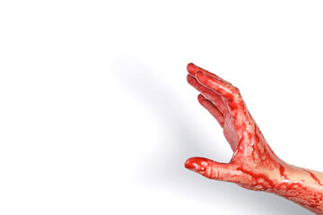 bloody hand isolated on a white, concept of murder, violence, halloween